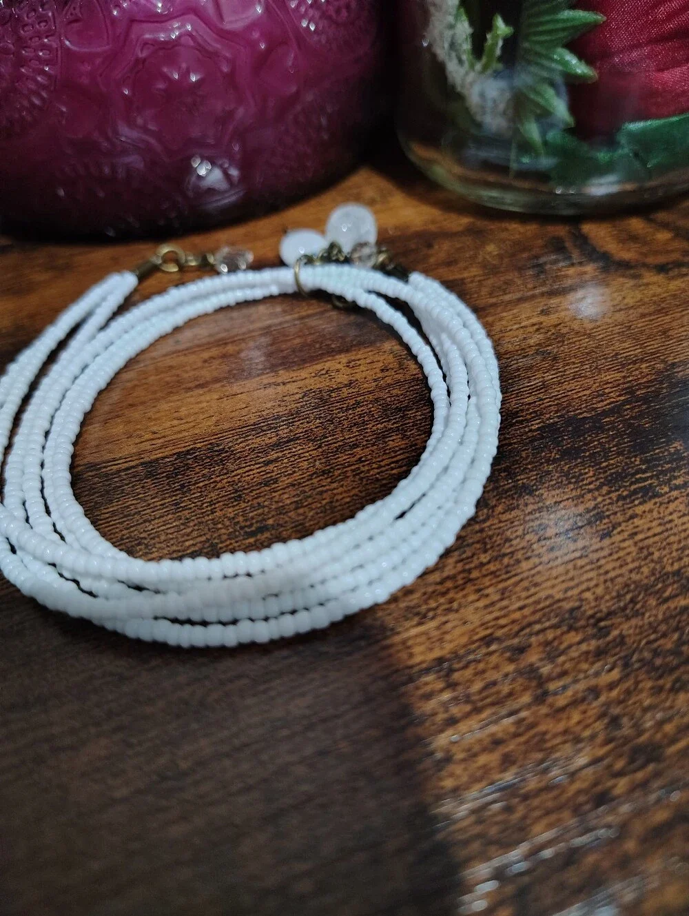 White Beaded Triple Strand Necklace With Charm Pendant,  Handmade Necklace